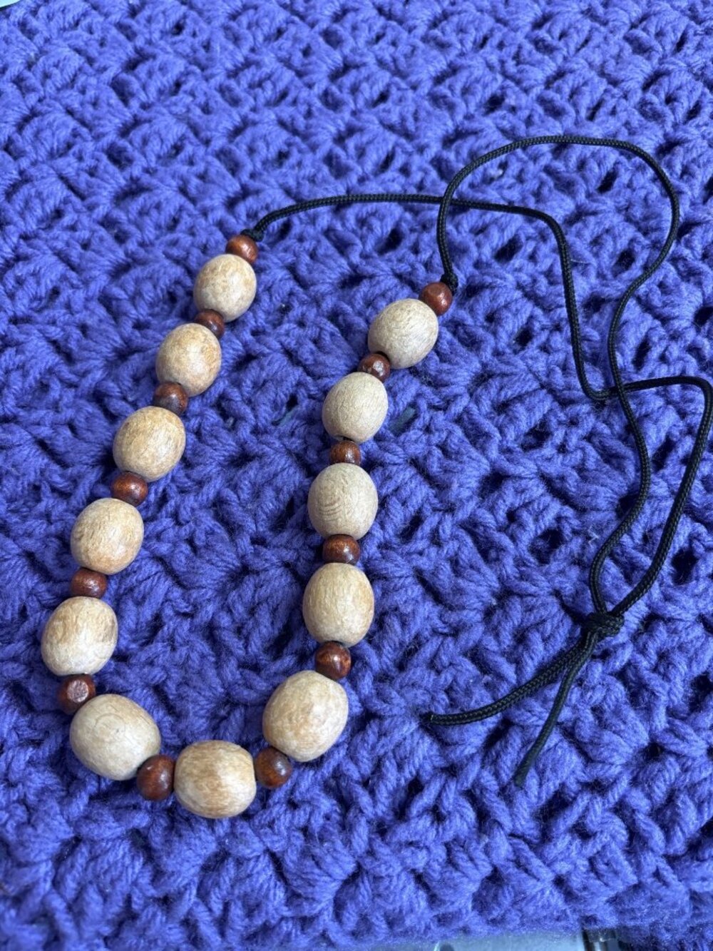 Artisan Wooden Beaded Necklace Two Tone Black Cord Knotted 30 inches Long